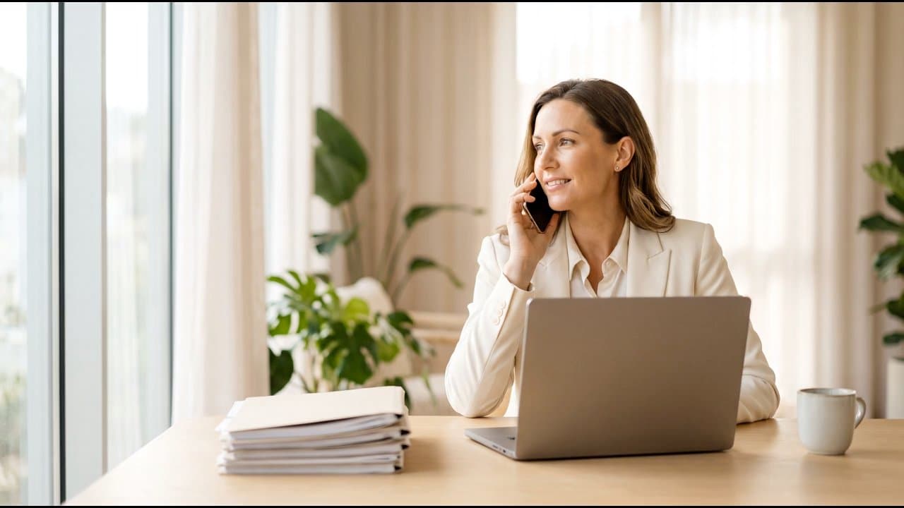A professional taking a call in a bright modern office