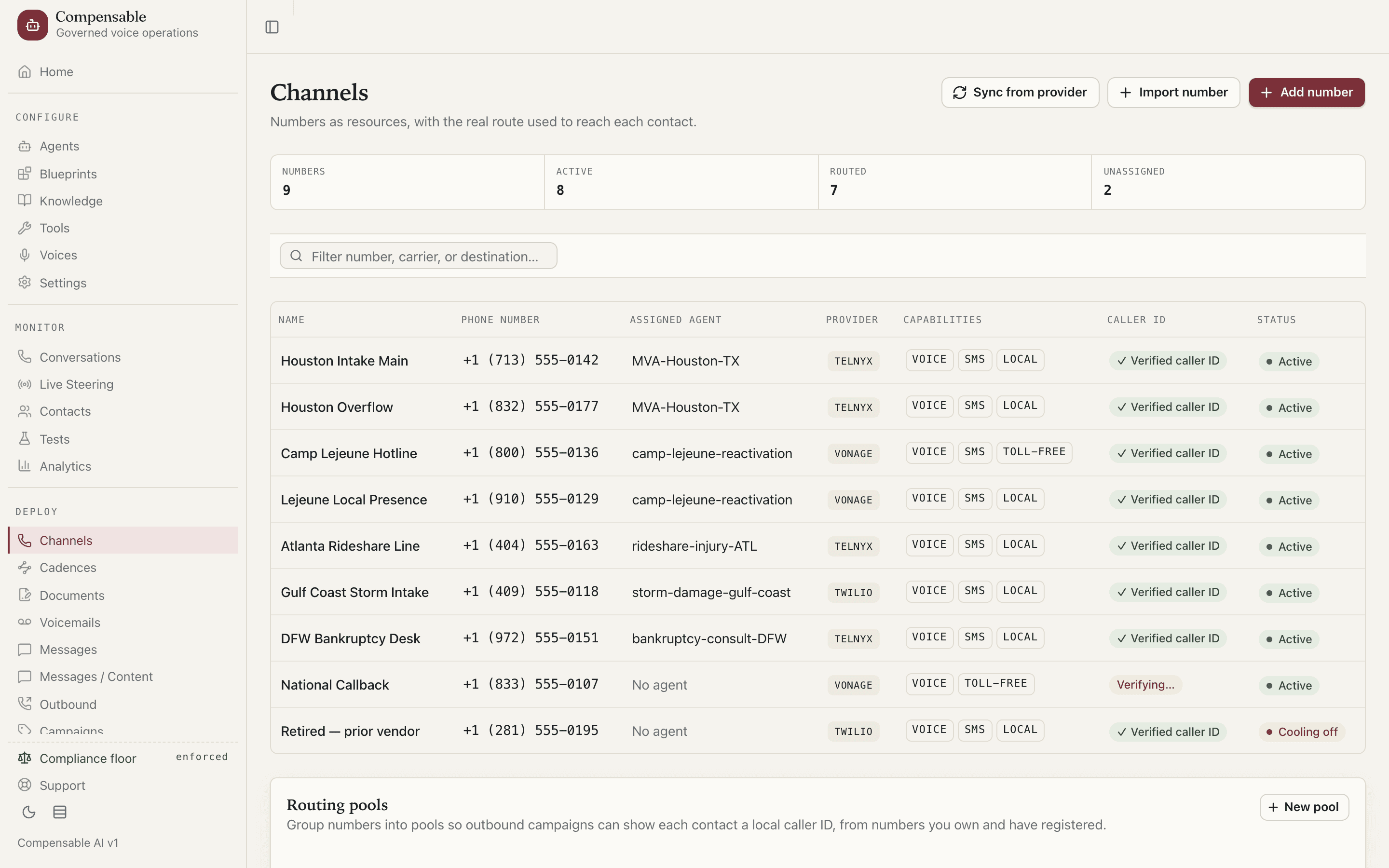 The numbers console: named lines mapped to campaigns across carriers, with verified caller-ID and routing pools