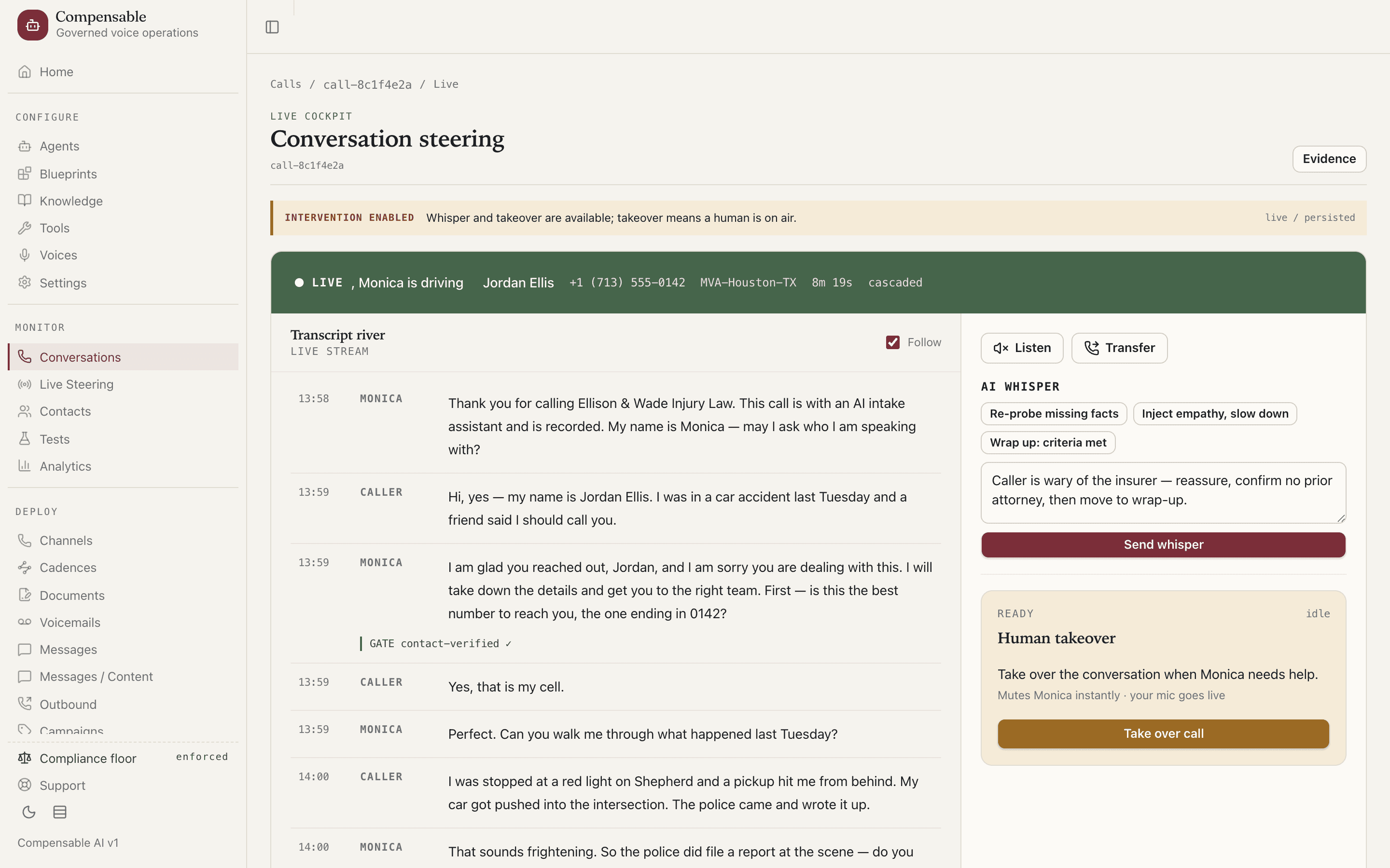 The live cockpit: a streaming transcript with qualification checks inline, a supervisor whisper drafted, and one-tap human takeover armed